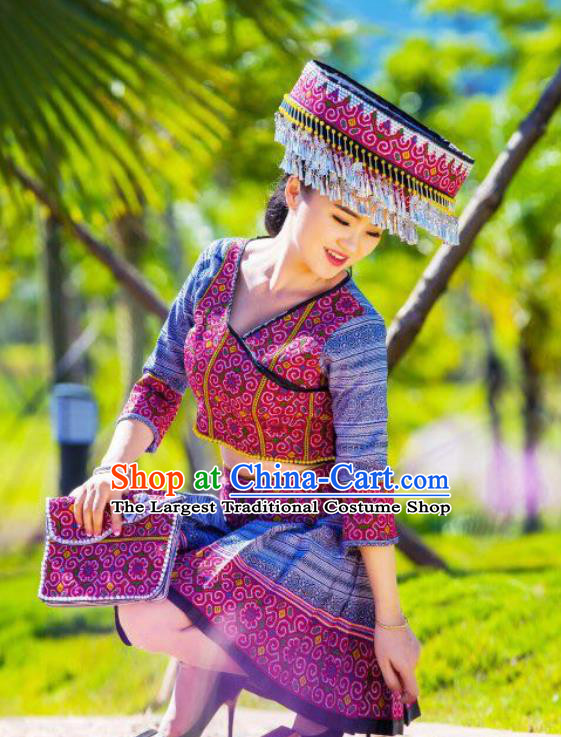 China Traditional Miao Minority Clothing Women Apparels Ethnic Folk Dance Blouse and Skirt with Hat