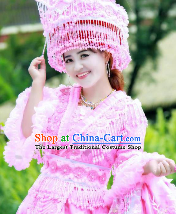 Miao Minority Bride Pink Dress China Traditional Ethnic Clothing Women Folk Dance Apparels with Headwear