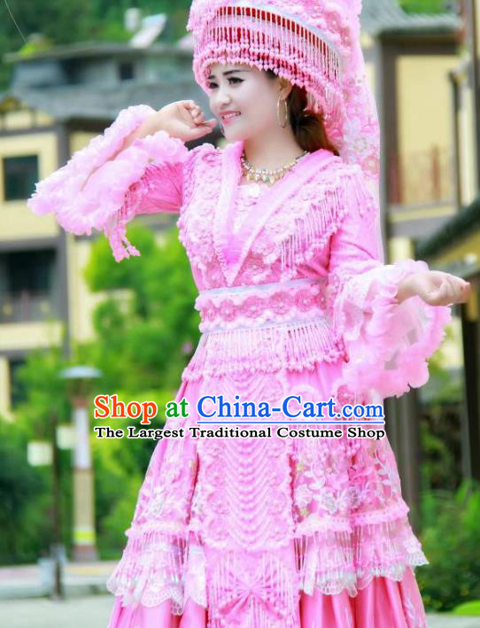 Miao Minority Bride Pink Dress China Traditional Ethnic Clothing Women Folk Dance Apparels with Headwear