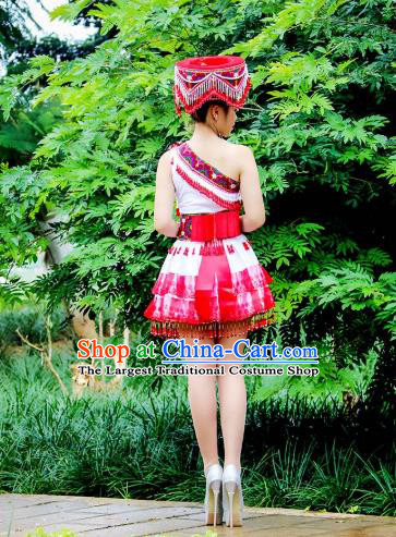 Traditional China Yi Ethnic Female Clothing Women Short Dress Yunnan Minority Clothing and Hat Full Set