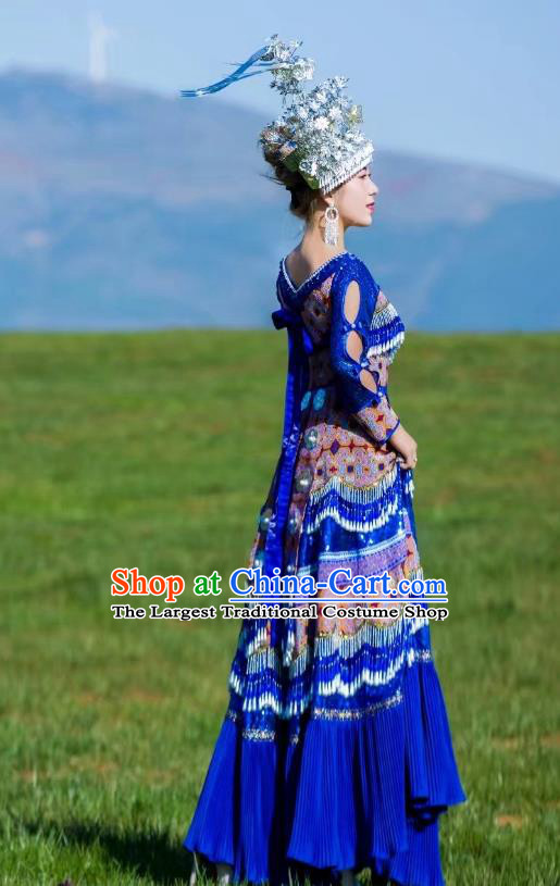 Traditional China Yunnan Mengzi Ethnic Clothing Miao Minority Women Royalblue Dress Hmong Bride Costumes and Hair Accessories