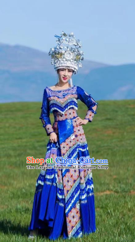 Traditional China Yunnan Mengzi Ethnic Clothing Miao Minority Women Royalblue Dress Hmong Bride Costumes and Hair Accessories