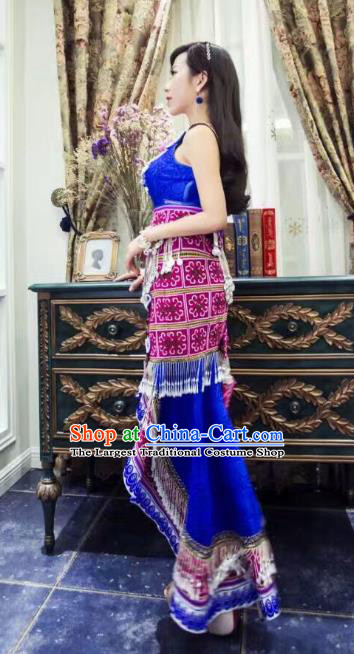 China Miao Minority Clothing Royalblue Dress Ethnic Women Folk Dance Costumes with Hair Accessories