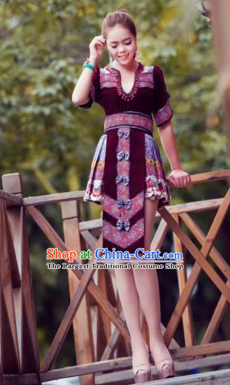 China Folk Dance Wine Red Velvet Short Dress Yunnan Wenshan Miao Minority Clothing for Women