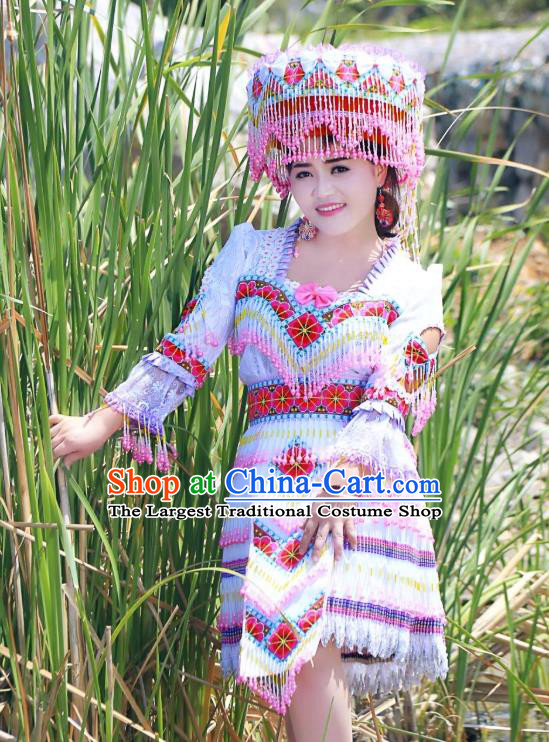China Miao Ethnic Women Clothing Traditional Festival Folk Dance Costume Minority Female Apparels and Hat