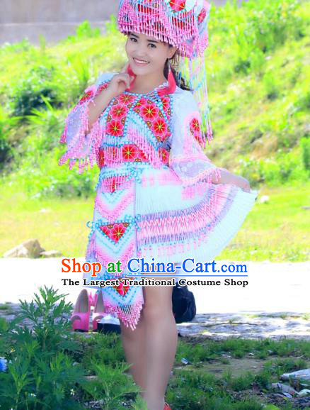 China Ethnic Female Apparels Yunnan Minority Folk Dance Blouse and Skirt with Hat Yao Nationality Travel Photography Clothing