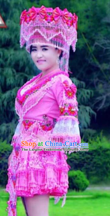 China Ethnic Folk Dance Apparels Miao Nationality Clothing Yunnan Minority Travel Photography Rosy Blouse and Skirt with Hat