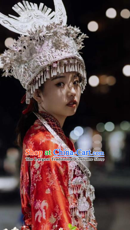 China Xiangxi Miao Ethnic Apparels Miao Nationality Bride Clothing Hmong Minority Wedding Embroidered Red Dress and Hair Accessories