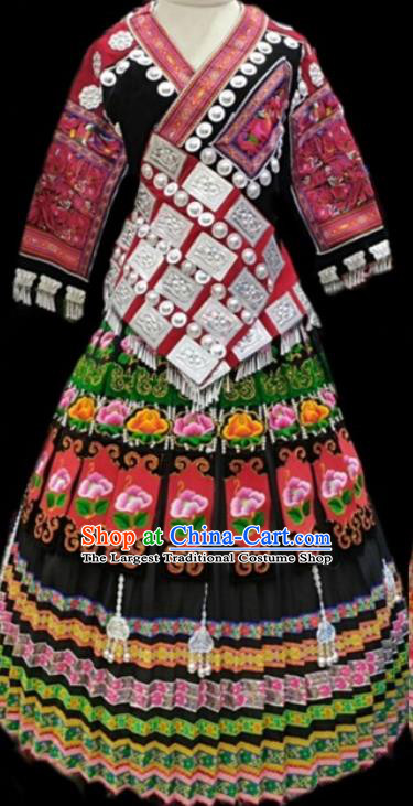 China Minority Traditional Festival Apparels Hmong Embroidered Black Blouse and Skirt Miao Ethnic Celebration Clothing
