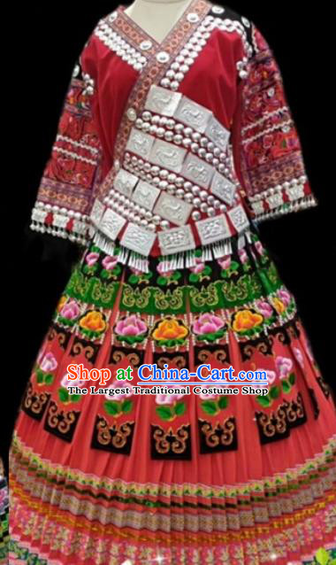 China Miao Ethnic Celebration Clothing Minority Traditional Festival Apparels Hmong Embroidered Red Blouse and Skirt