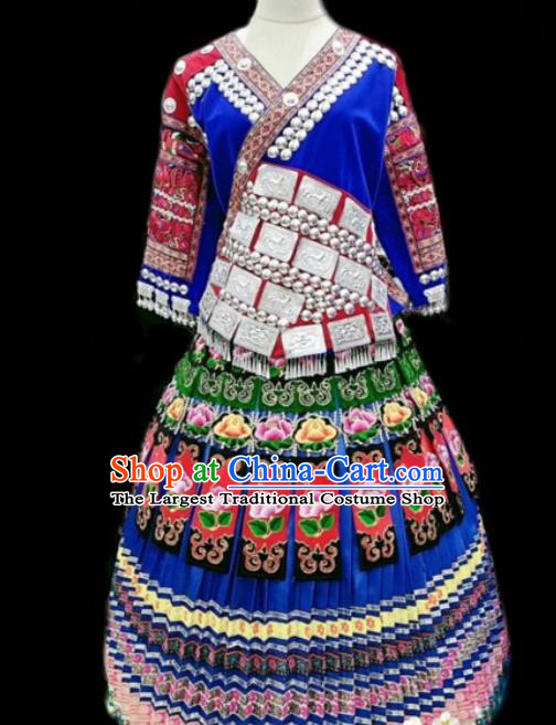 China Hmong Wedding Embroidered Royalblue Blouse and Skirt Ethnic Celebration Clothing Miao Minority Traditional Festival Apparels