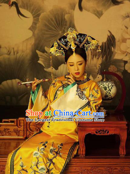 Chinese Ancient Manchu Empress Embroidered Golden Dress Traditional Qing Dynasty Queen Costumes and Headwear Complete Set