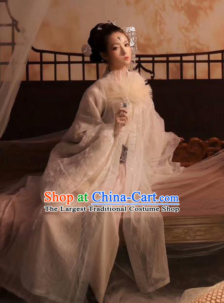 Chinese Ancient Goddess White Hanfu Dress Traditional Jin Dynasty Royal Princess Costumes and Hair Accessories