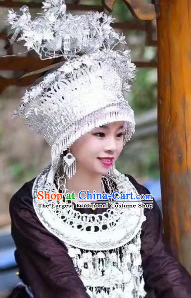China Miao Ethnic Folk Dance Headdress Hmong Minority Argent Phoenix Coronet and Necklace Set