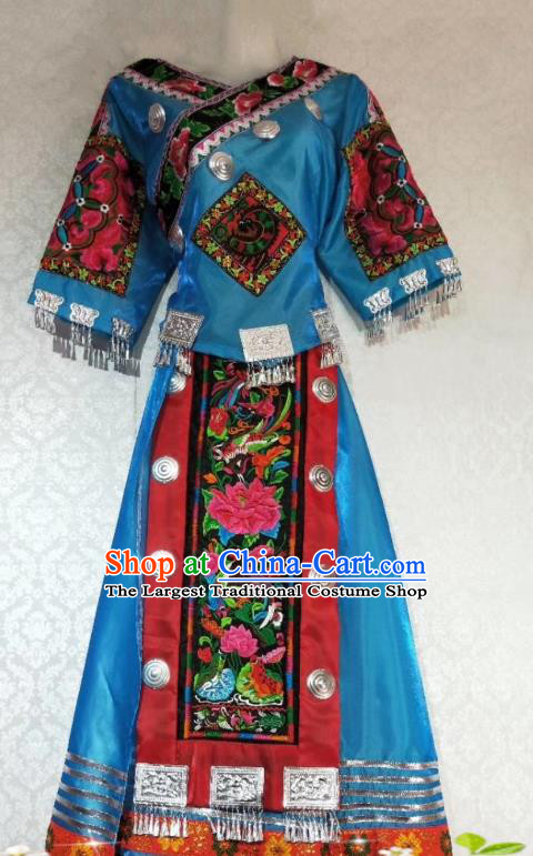 China Miao Nationality Embroidered Blue Blouse and Skirt Outfits Hmong Clothing Traditional Ethnic Women Apparels Minority Folk Dance Costumes