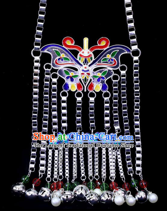 China Traditional Miao Silver Blueing Butterfly Necklace Dong Ethnic Jewelry Accessories Minority Bells Tassel Necklet