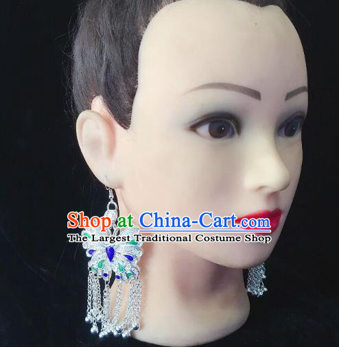 China Hmong Silver Butterfly Ear Accessories Handmade Guizhou Miao Ethnic Bells Tassel Earrings