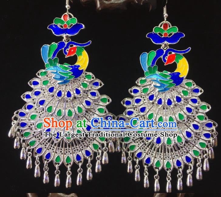 China Nationality Handmade Blueing Peacock Earrings Hmong Guizhou Miao Ethnic Minority Ear Accessories