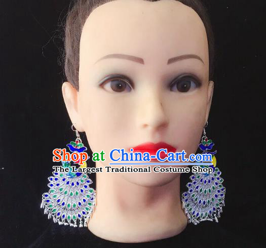 China Nationality Handmade Blueing Peacock Earrings Hmong Guizhou Miao Ethnic Minority Ear Accessories