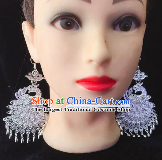 China Nationality Jewelry Handmade Hmong Guizhou Miao Ethnic Minority Ear Accessories Argent Peacock Earrings