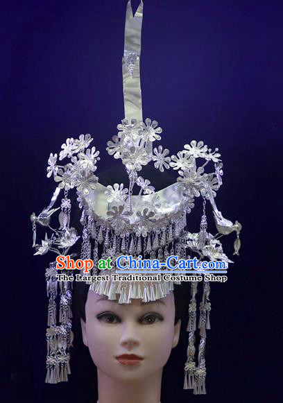 Chinese Miao Ethnic Stage Performance Headwear Quality Minority Nationality Bride Argent Phoenix Coronet Hair Crown Hairpins Full Set