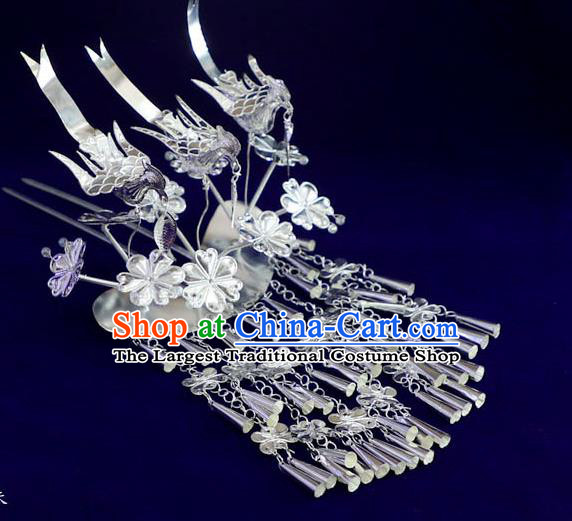 Quality Chinese Ethnic Nationality Three Birds Hairpins Festival Hair Accessories Miao Minority Silver Folk Dance Hair Stick