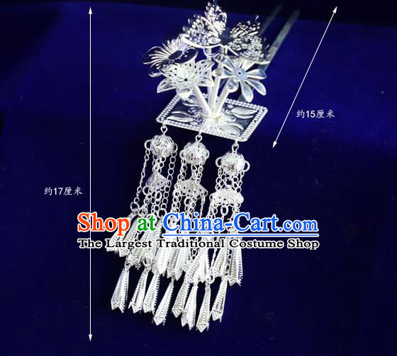 Chinese Miao Nationality Tassel Hairpins Traditional Minority Hair Accessories Ethnic Women Folk Dance Butterfly Hair Stick