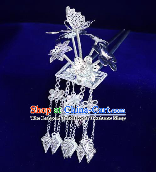 Chinese Miao Nationality Tassel Hairpins Traditional Minority Hair Accessories Ethnic Women Folk Dance Butterfly Hair Stick