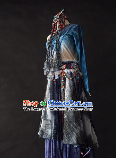 China Traditional Zang Nationality Costumes Ethnic Folk Dance Clothing Tibetan Minority Dance Dress and Headwear for Women