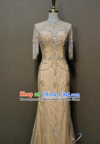 Annual Meeting Costumes Compere Light Golden Full Dress Evening Wear Bride Embroidery Beads Dress