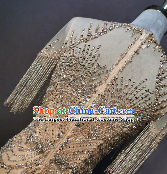 Annual Meeting Costumes Compere Light Golden Full Dress Evening Wear Bride Embroidery Beads Dress