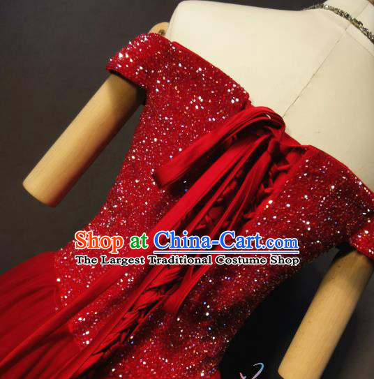Bride Toast Red Off Shoulder Dress Evening Wear Compere Full Dress Annual Meeting Costumes
