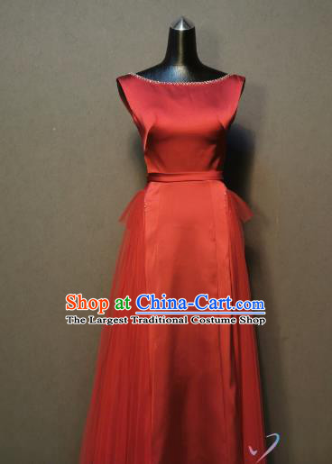 Compere Full Dress Evening Wear Annual Meeting Costumes Bride Toast Wine Red Satin Dress