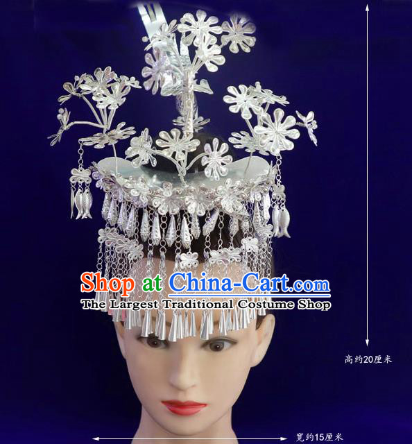 Chinese Miao Nationality Silver Bird Hair Crown Guizhou Ethnic Women Hair Accessories Tassel Hairpins