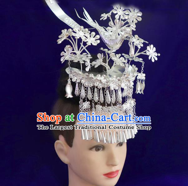 Chinese Miao Nationality Silver Bird Hair Crown Guizhou Ethnic Women Hair Accessories Tassel Hairpins