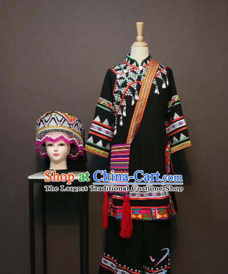 China Traditional Yunnan Nationality Black Blouse and Skirt Outfits Ethnic Folk Dance Clothing Lahu Minority Festival Women Costumes with Headdress