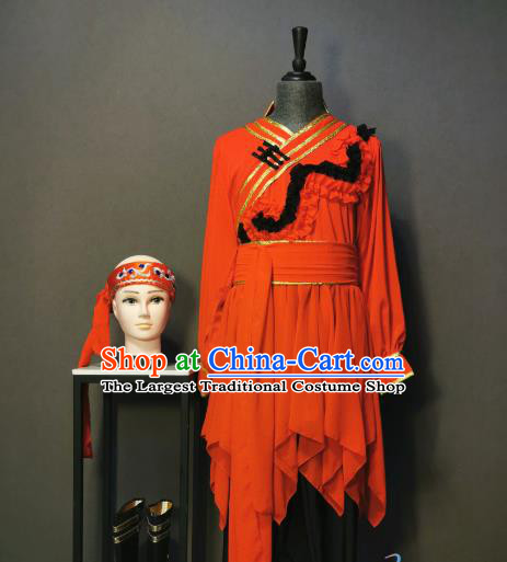 Custom China Traditional Mongolian Ethnic Folk Dance Clothing Minority Women Costumes Mongol Nationality Red Dress and Headpiece