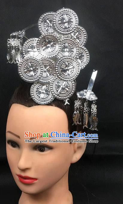 China Dong Ethnic Stage Performance Headwear Handmade Minority Nationality Hair Crown and Hairpins Full Set