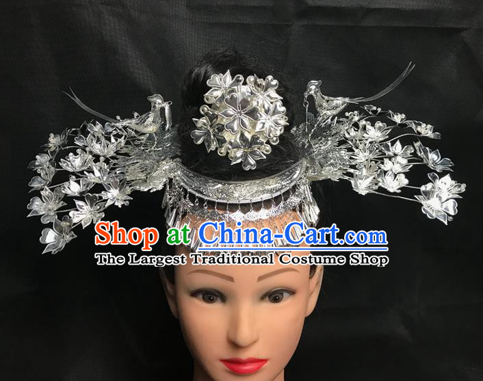 China Minority Flower Hair Crown and Bird Hairpins Miao Nationality Hair Accessories Handmade Dong Ethnic Folk Dance Headdress