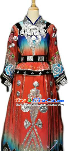 China Traditional Miao Nationality Costumes Ethnic Folk Dance Clothing Minority Wedding Dress and Headwear for Women
