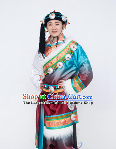 Custom China Traditional Zang Ethnic Men Clothing Minority Folk Dance Costumes Tibetan Nationality Water Sleeve Robe and Headwear