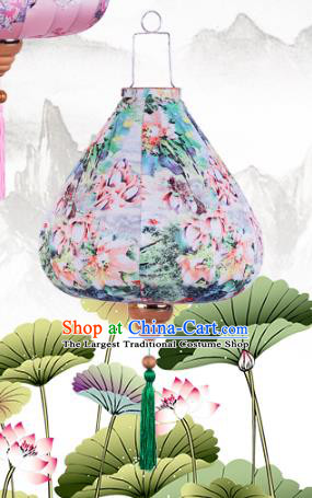 Handmade Chinese Printing Flowers Light Green Palace Lanterns Traditional New Year Lantern Classical Festival Cloth Lamp