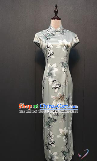 Custom Shanghai Mother Silk Cheongsam Drama Performance Clothing Republic of China Magnolia Pattern Gray Qipao Dress