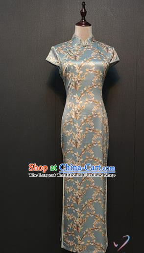 Custom Catwalks Cheongsam Drama Performance Classical Dance Clothing Republic of China Printing Light Blue Qipao Dress