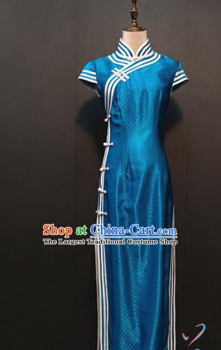 Custom Drama Women Royalblue Silk Qipao Dress Stage Performance Clothing Republic of China Classical Cheongsam
