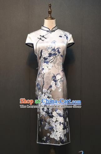 China Shanghai Classical Printing Grey Silk Qipao Dress Custom Republic of China Cheongsam Traditional Mother Costume