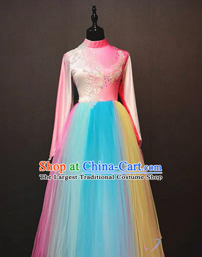 Top Modern Dance Veil Long Dress Traditional Modern Dance Rainbow Clothing Spring Festival Gala Stage Performance Costume