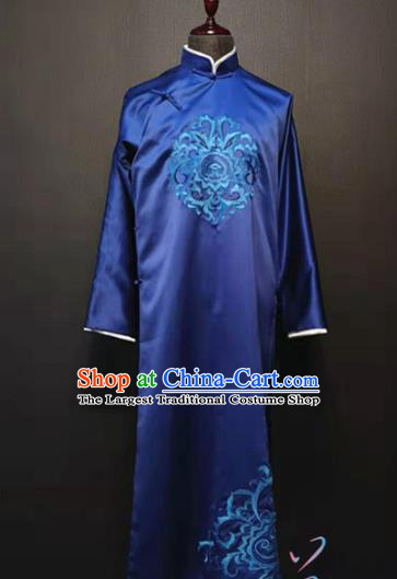 Republic of China Traditional Royalblue Gown Cross Talk Stage Performance Costume Bridegroom Clothing for Men