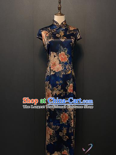 Republic of China Custom Cheongsam Women Clothing Shanghai Classical Printing Peony Deep Blue Silk Qipao Dress