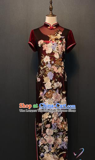 Custom China Embroidered Peony Wine Red Qipao Dress Traditional Classical Velvet Cheongsam Wedding Mother Clothing